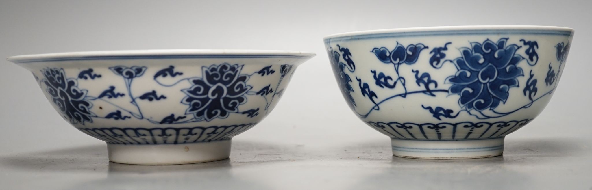 Two Chinese porcelain bowls, painted in underglaze blue, largest 17cm